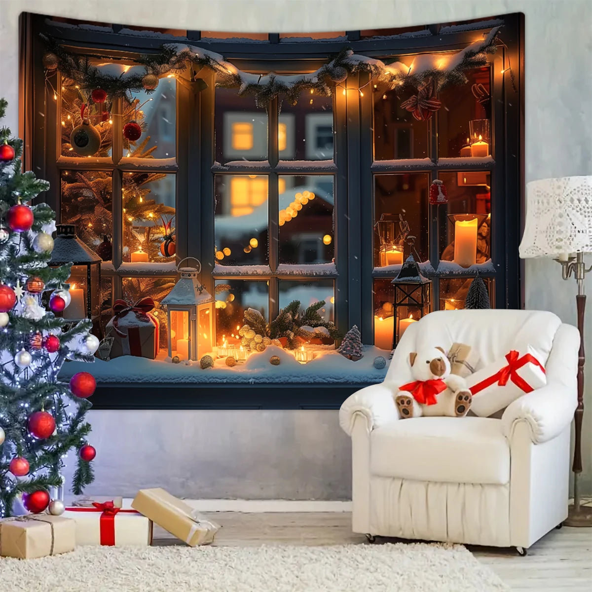 1pc Christmas tapestry, snow background banner outside the Christmas tree window, Christmas fireplace tapestry