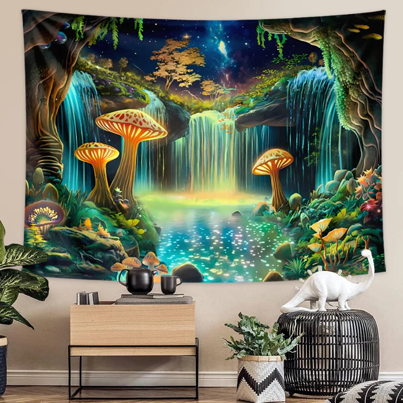 1pc Fluorescent fantasy mushroom forest tapestry, UV responsive waterfall landscape tapestry, psychedelic starry sky tapestry