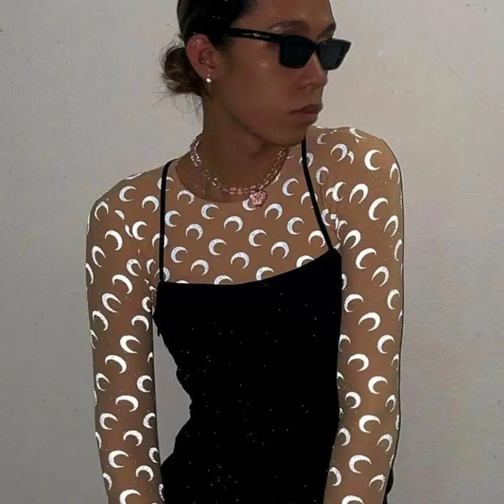 Women Tshirt Long Sleeve New High Street Fashion Night Vision Reflective Moon Print Korean Autumn Sun Protection Slim Fit Top