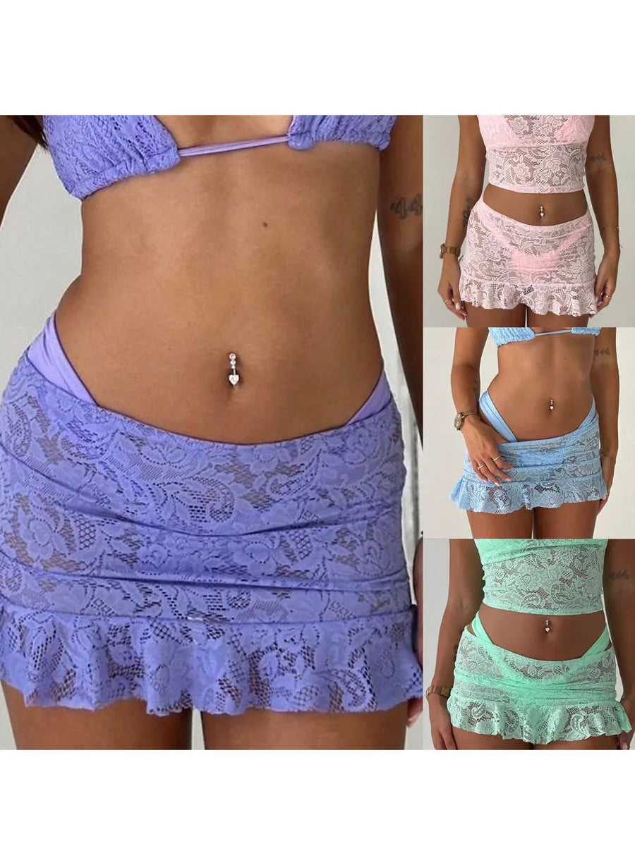 Women's Bikini Cover-up Skirts Lace See Through Mini Skirts Low Waist Ruffle Casual Beach Skirts Summer