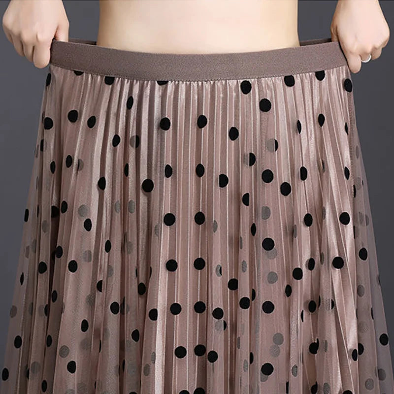 Women's Mesh Flower Skirts 2024 Autumn Winter Lace Flocking Big Swing Elastic High Waist Fashion Elegant A-line White Skirt Dot