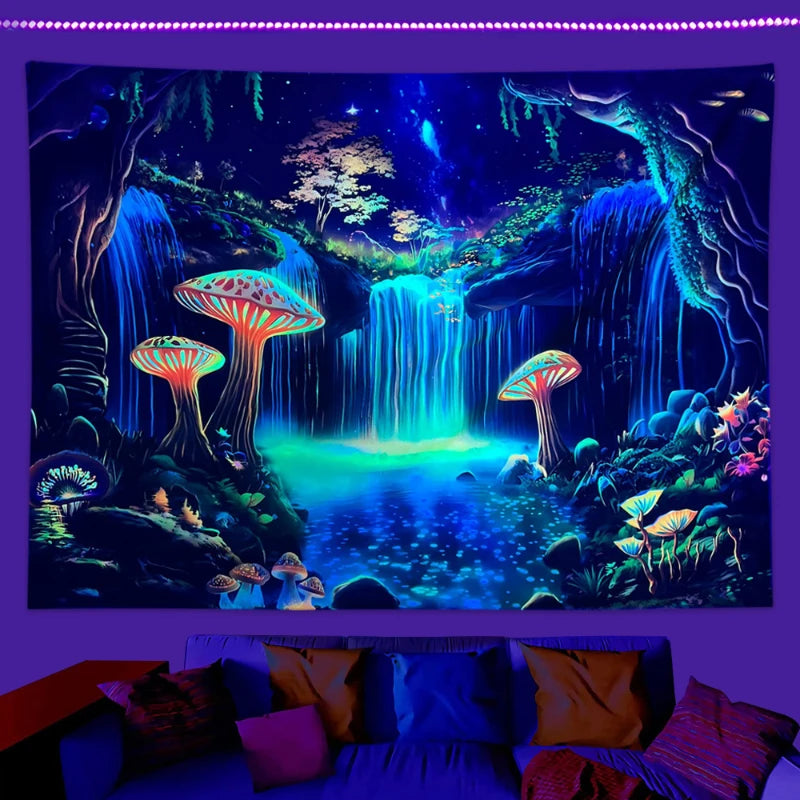 1pc Fluorescent fantasy mushroom forest tapestry, UV responsive waterfall landscape tapestry, psychedelic starry sky tapestry