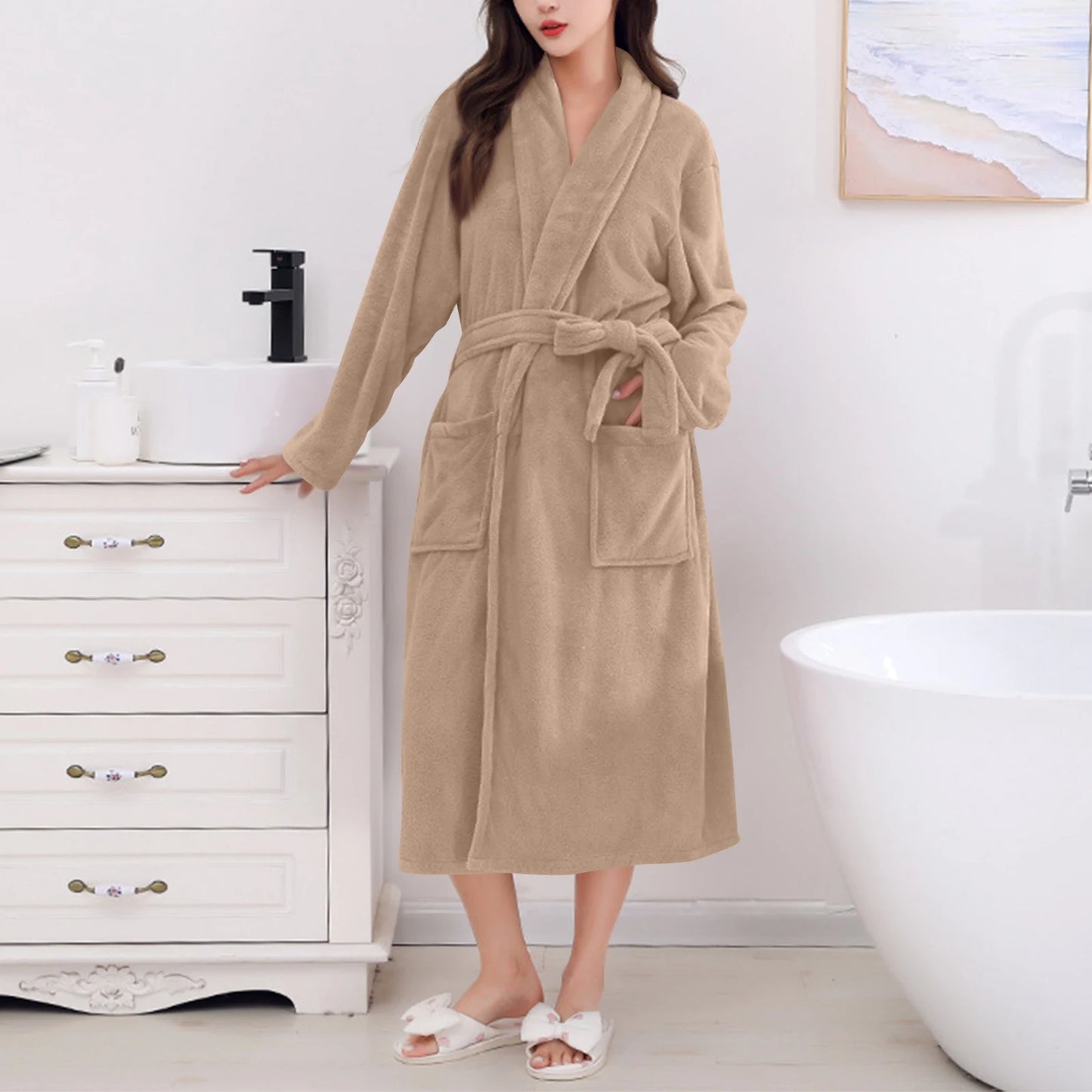 Women's Coral Fleece Robe Autumn Winter New Style Medium Length Home Indoor Wear Warmth Comfortable Sleepwear Nightgown