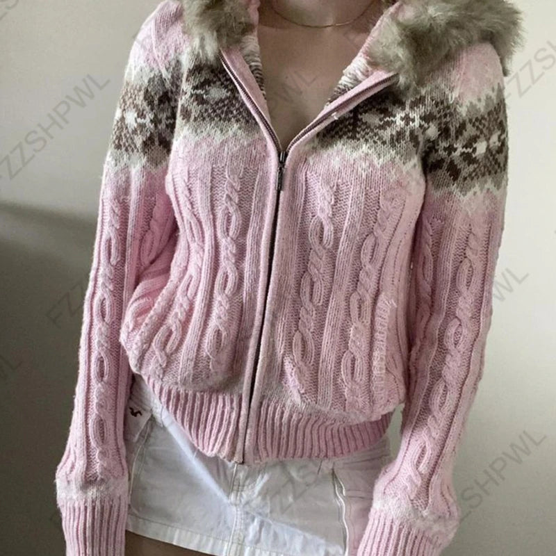 Women's Autumn Winter Knitted Cardigan Hoodies Sexy Slim Chic Solid Color Sweater 2000s Harajuku Sweet Kawaii Hotties Streetwear