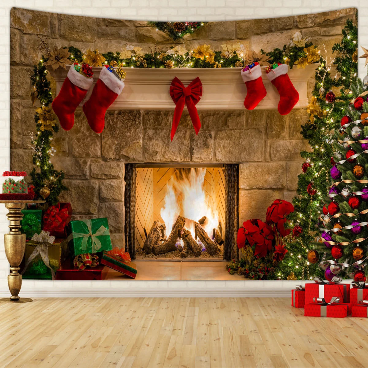 1pc Christmas decoration tapestry, Christmas fireplace Christmas tree tapestry, Christmas shooting background cloth tapestry