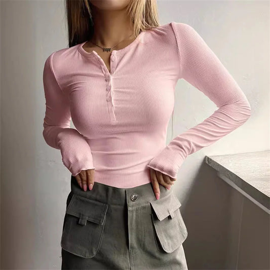 Women's Plain Half Button Front Ribbed Tee Y2K Slim Sexy Basic Pullover Shirt Casual Fit Long Sleeve Round Neck Solid T shirts