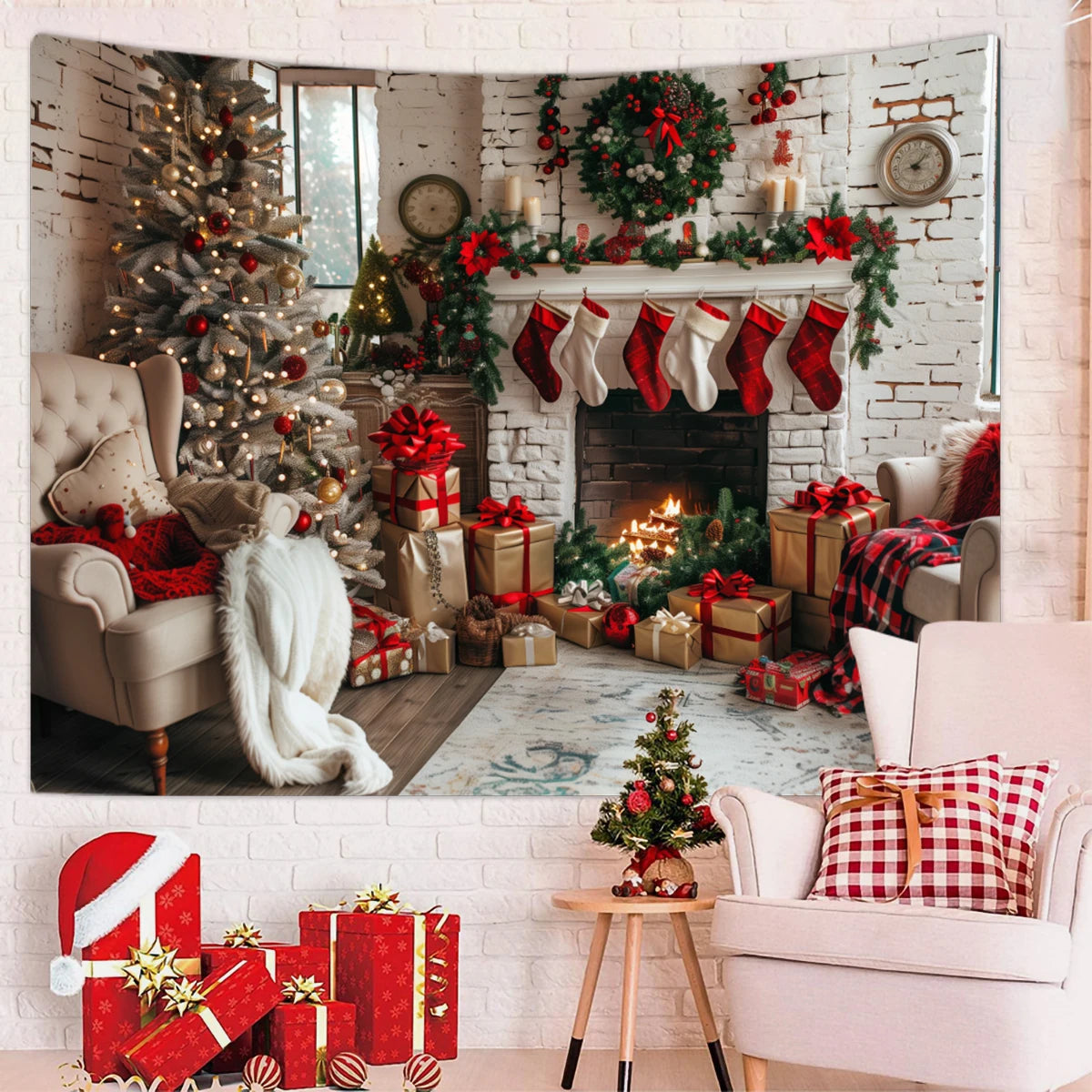 1pc Christmas tapestry, snow background banner outside the Christmas tree window, Christmas fireplace tapestry