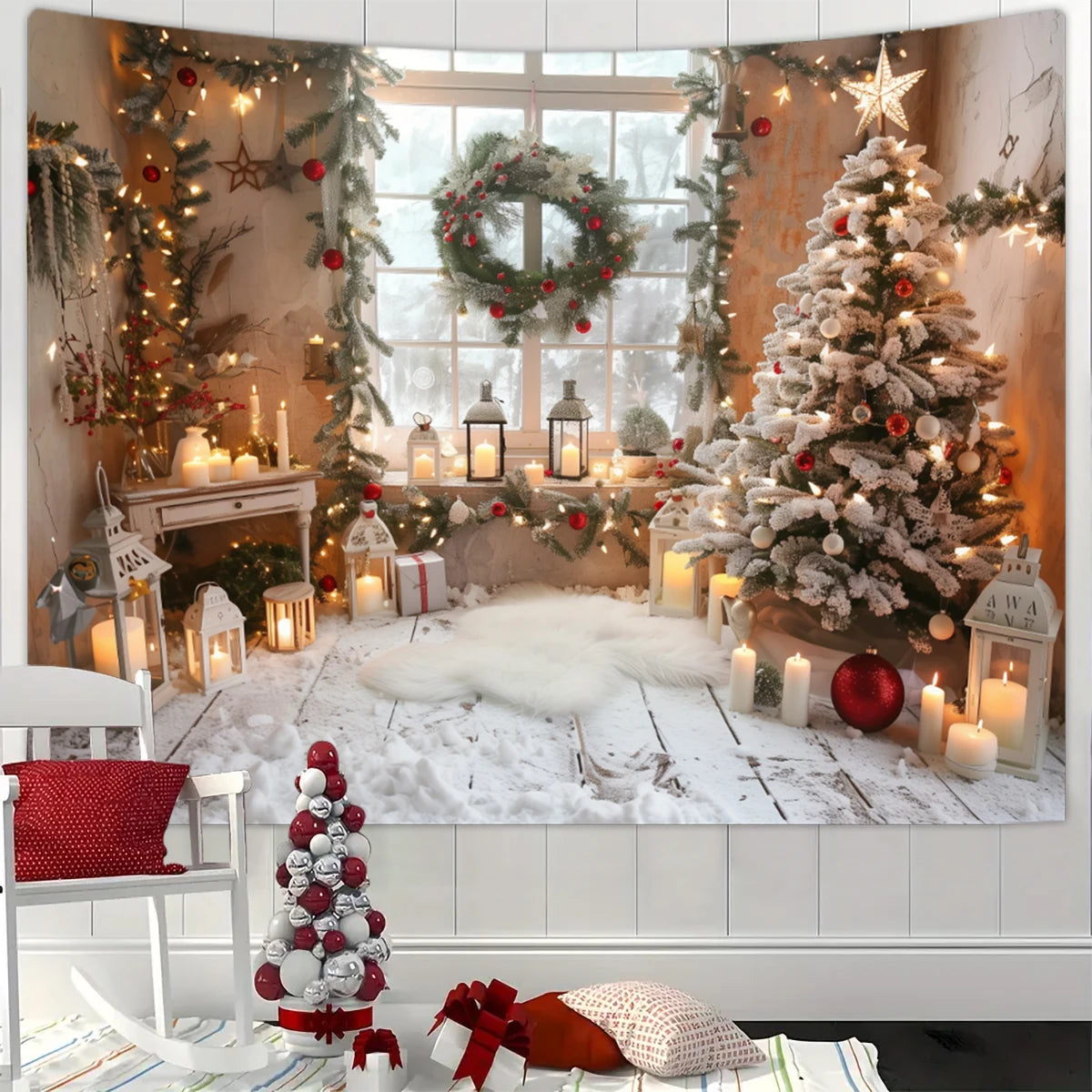 1pc Christmas tapestry, snow background banner outside the Christmas tree window, Christmas fireplace tapestry