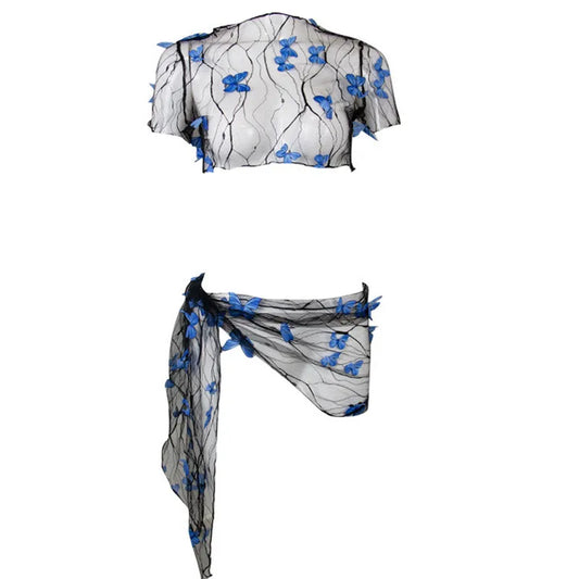 WPNAKS Women Bikini Cover-up Set Mesh Sheer Three-dimensional Butterfly Short Sleeve Crop Tops Tie-up Sarong Wrap Skirt