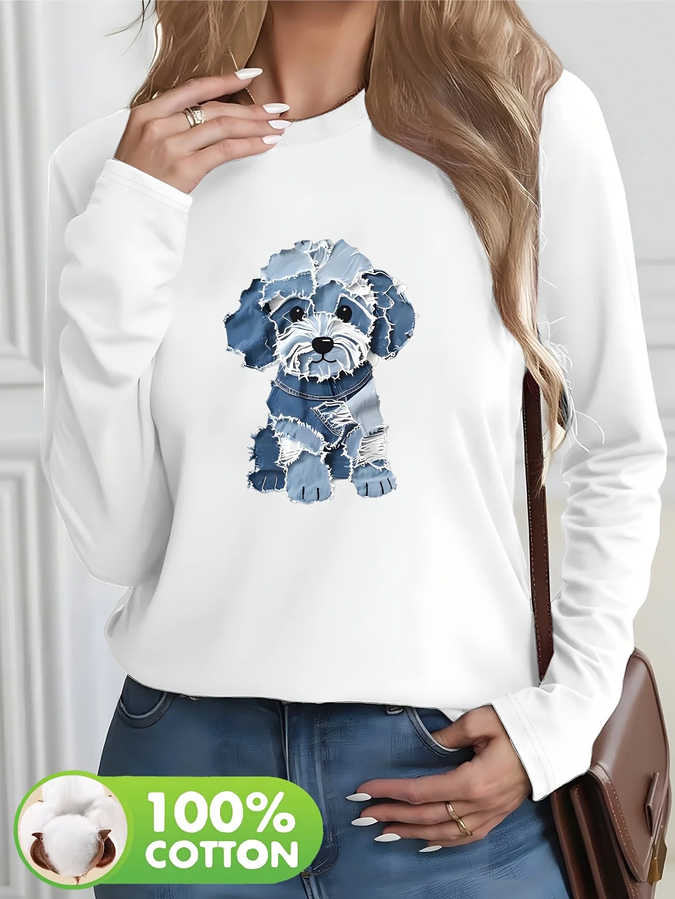 Women's autumn and winter 100% pure cotton fashionable casual heart-shaped printed round neck long sleeved T-shirt top