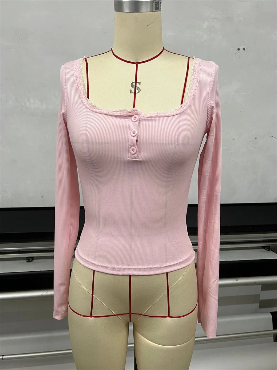 Women's 2026 New Spring Fall Lace Trim Base Blouse V-Neck Button Down Long Sleeve T-shirt Casual Knitted Slim Fit Fashion Top
