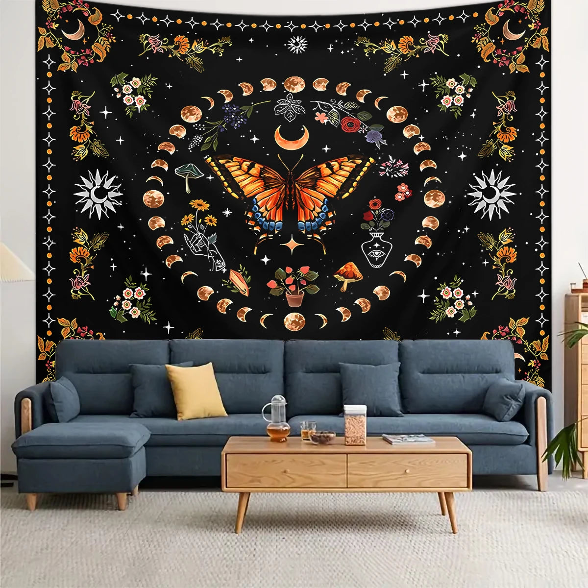 1pc Butterfly, Moon, Flower Tapestry, Plant Flower Bohemian Tapestry, Bedroom Aesthetics Retro Moonphase Starry Sky Tapestry