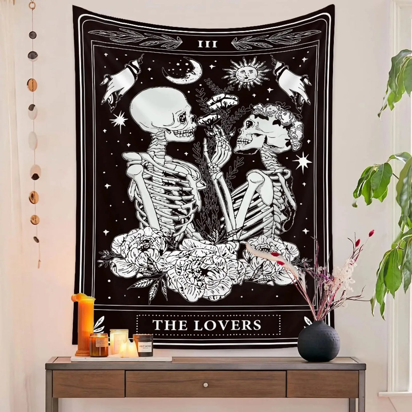 1pc The Lovers Tarot Skeleton Tapestry Floral Moon Sun Pattern Flat Print Hanging Cloth Gothic Romantic Home Decor Bedroom