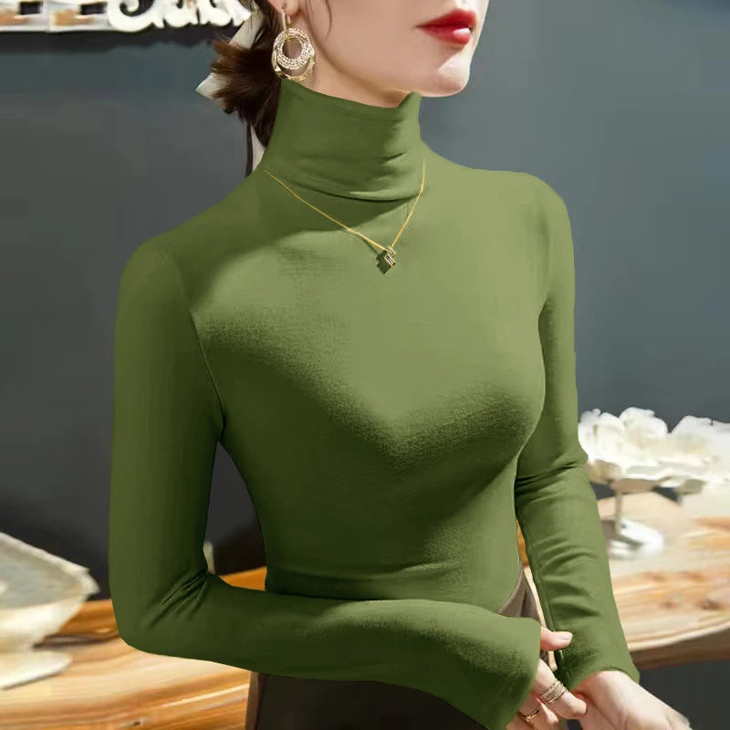 2025 Fashion Autumn Winter Female Turtleneck Fleece Stretch Shirt Women Long Sleeve T-shirt Warm Basic Pullover Bottoming Tops