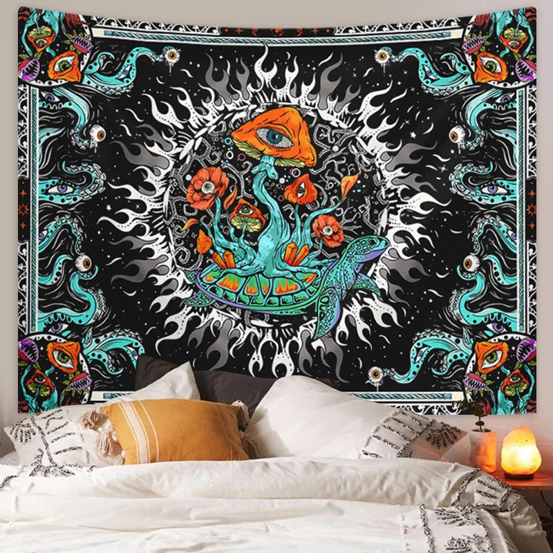 1pc Bohemian burning sun mushroom octopus tapestry, psychedelic eye marine creature tapestry