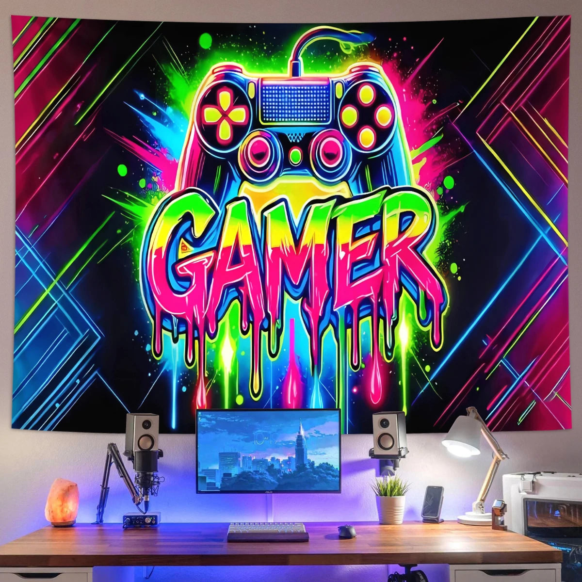 1pc Game controller fluorescent tapestry, UV reactive tapestry, e-sports room, e-sports club background decoration wall hanging