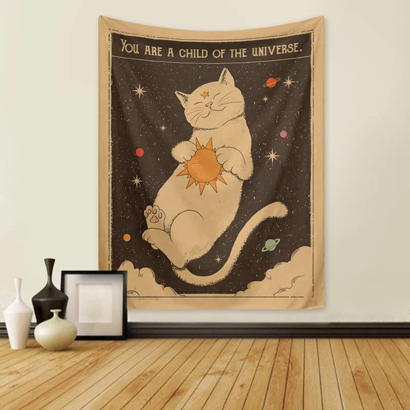 1pc Tarot Cat Tapestry, Moon Phase Sun Universe Starry Sky Tapestry, Cute Cat Wall Hanging