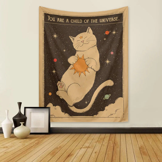 1pc Tarot Cat Tapestry, Moon Phase Sun Universe Starry Sky Tapestry, Cute Cat Wall Hanging