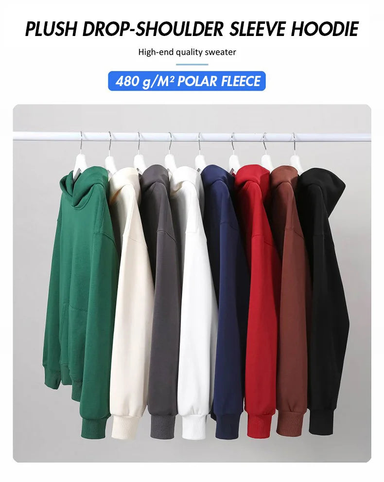 16.9oz 480gsm Heavy Weight Cotton Plus Velvet Hooded Sweater Men Thickened Tight Polar Fleece Pullover Hoodie Women Sweatshirt