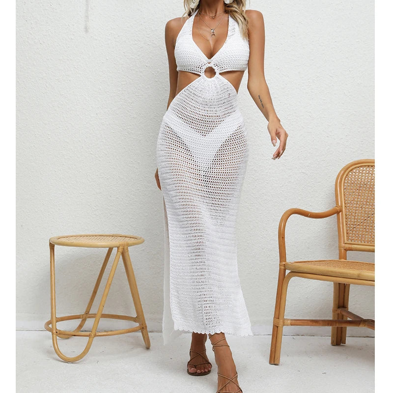 Women's Sexy Binding Rope Deep V Beach Cover-Up Knitting Halter Tunic Long Dress See-Through Summer Holiday Casual Beachwear