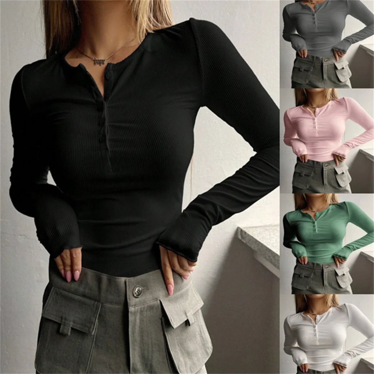 Women's Plain Half Button Front Ribbed Tee Y2K Slim Sexy Basic Pullover Shirt Casual Fit Long Sleeve Round Neck Solid T shirts