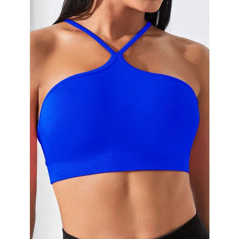 Women's Criss Cross Slim Fit Sports Cami Top Seamless Halter Crop Tee Shirt Tops Workout Tops