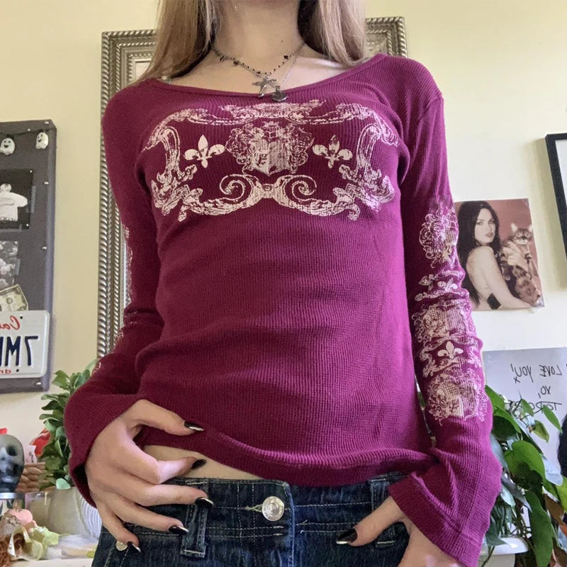 Y2K Grunge Cyber Mall Goth Thermal T-shirt Skulls Graphic Print Long Sleeve Pullovers Tops Women 90s Vintage Aesthetic Tees