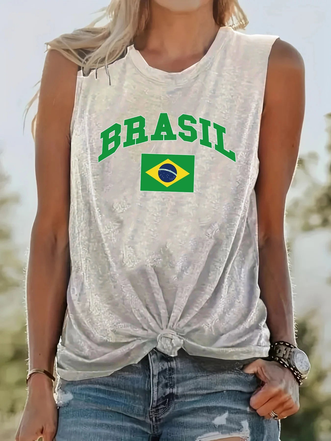 Women's Summer BRASIL Pattern Print Large Casual Round Neck Sleeveless Loose Tank Top T-shirt