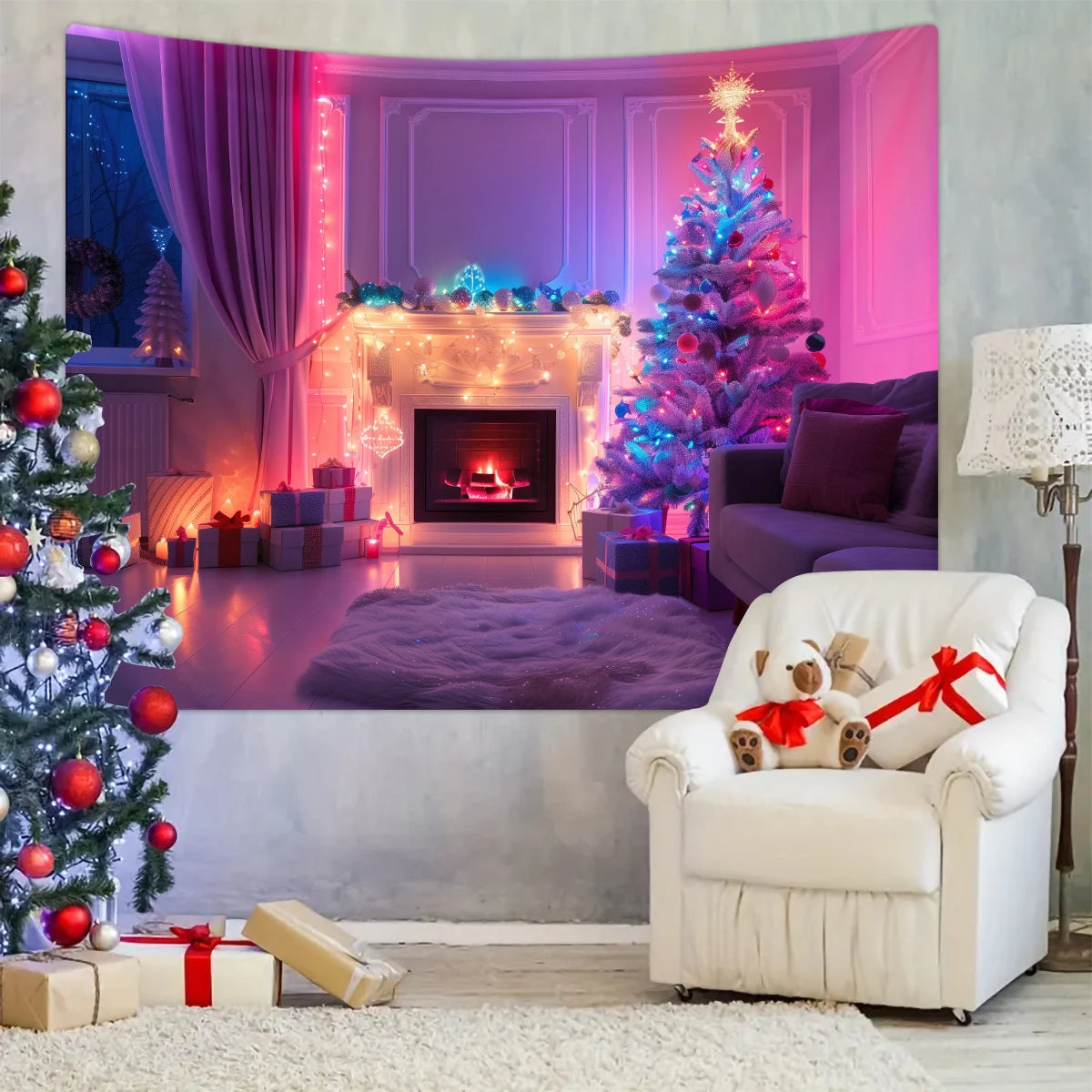 1pc Christmas tapestry, snow background banner outside the Christmas tree window, Christmas fireplace tapestry