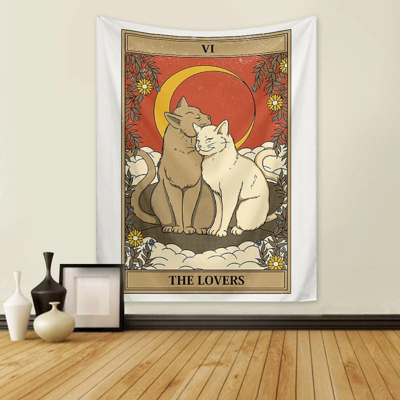 1pc Tarot Cat Tapestry, Moon Phase Sun Universe Starry Sky Tapestry, Cute Cat Wall Hanging