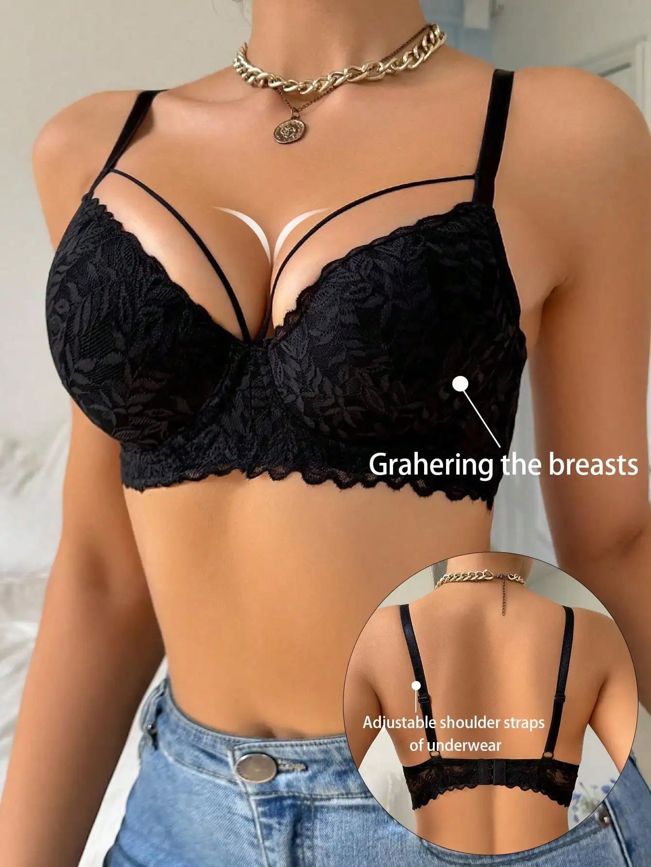 Women's thin 3/4 lace bra, sexy and beautiful push-up bra, anti-sagging, comfortable and breathable underwire bra