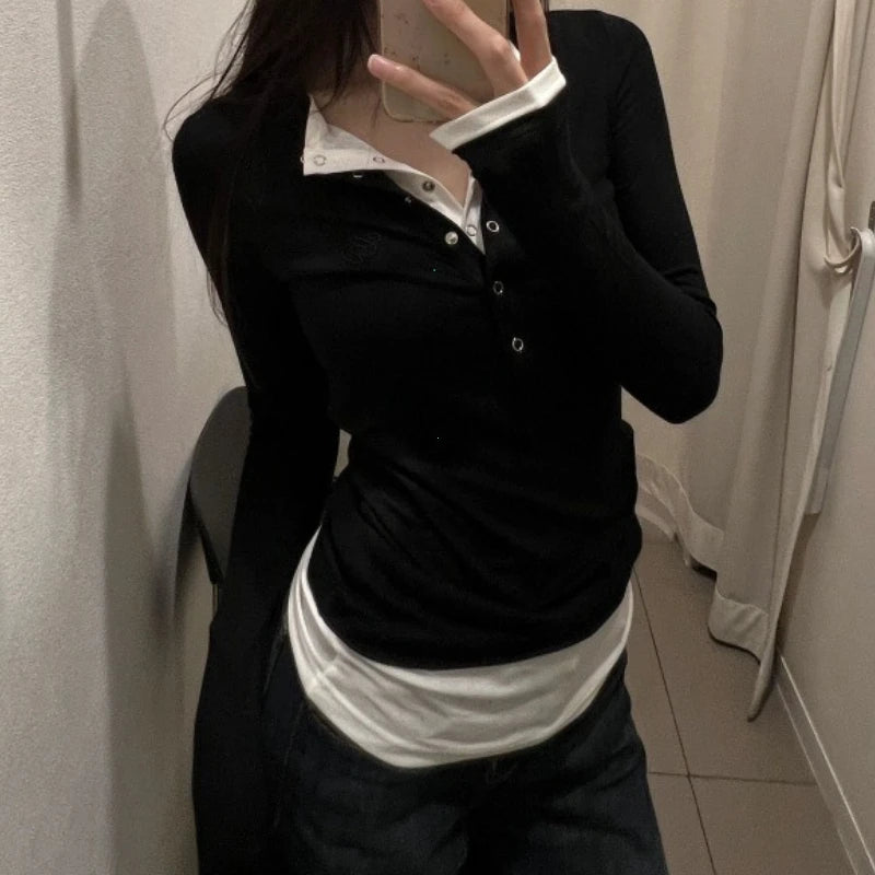 Women's Spring Autumn Long Sleeve T-Shirt Wear Base Shirt Spicy Girl Retro Fake Two-piece V-neck Long-sleeved T-shirt