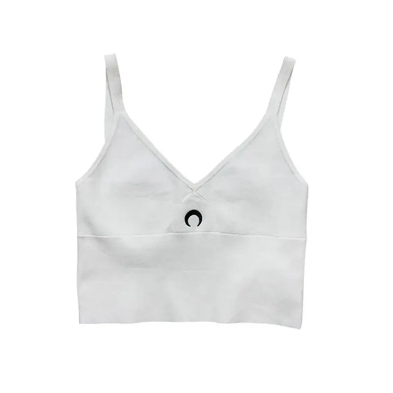 Women's Crescent Moon Sports Tank Top Summer New Design Slim Fit Cropped Backless Vest with Moon Embroidery