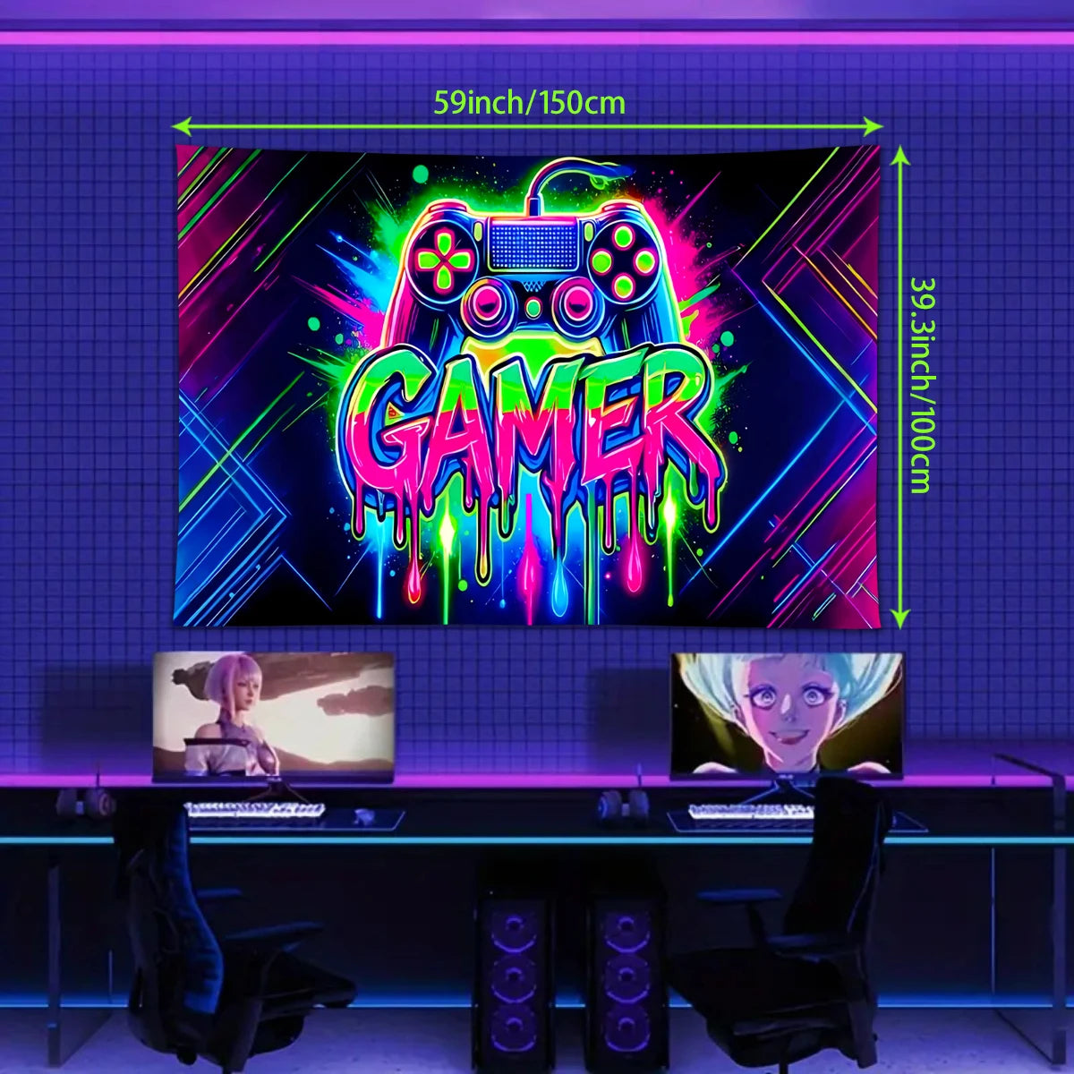 1pc Game controller fluorescent tapestry, UV reactive tapestry, e-sports room, e-sports club background decoration wall hanging