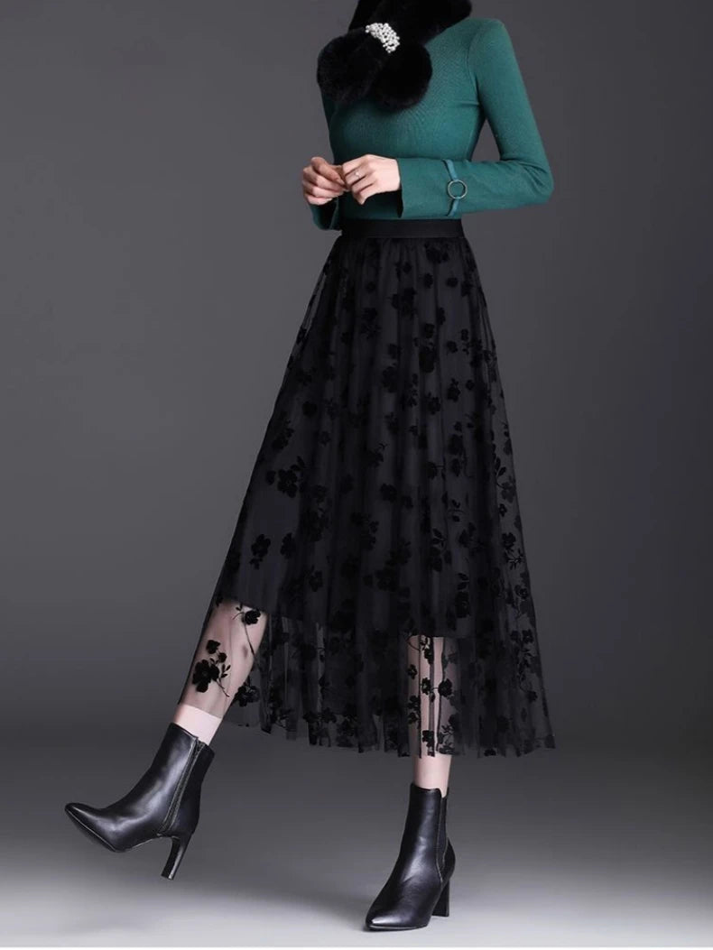 Women's Mesh Flower Skirts 2024 Autumn Winter Lace Flocking Big Swing Elastic High Waist Fashion Elegant A-line White Skirt Dot