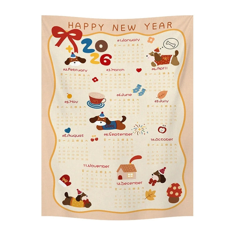 2026 New Year Tapestry 2026 Calendar Backdrop Cloth Dormitory Bedroom Decorative Background Cloth INS Wall Hanging Blanket