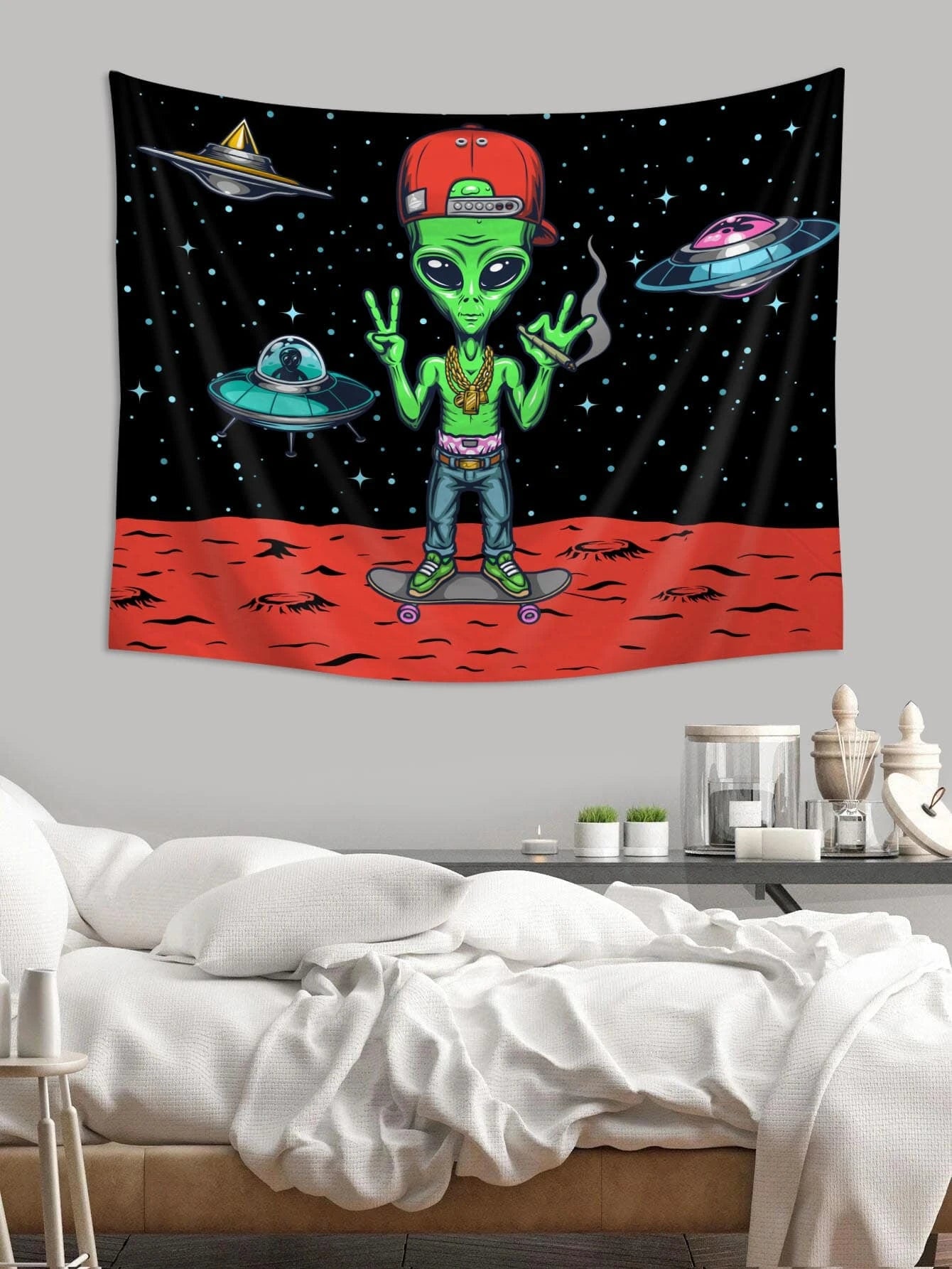 1pc Alien Pattern Tapestry, Cartoon Planet & Spaceship Print Hanging Blanket For Home Decoration, Flag For Room, Room Decor