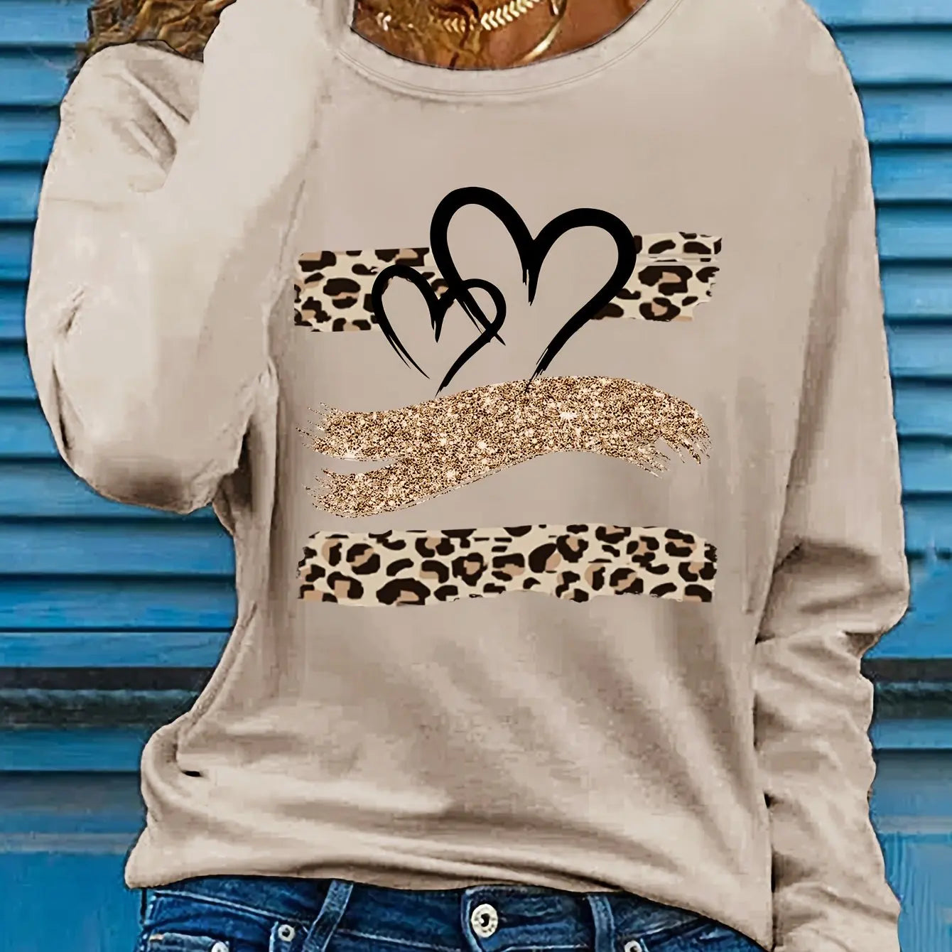 Women's Spring and Autumn 100% Cotton Fashion Casual Loose Leopard Pattern Heart Pattern Printed Round Neck Long Sleeve T-shirt