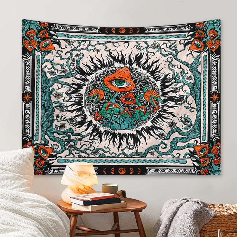 1pc Bohemian burning sun mushroom octopus tapestry, psychedelic eye marine creature tapestry