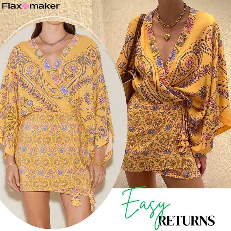 2025 New Flaxmaker Summer Women Floral Print Mini Dress Loose V-Neck Long Sleeves Casual Vacation Beach Party Short Dress