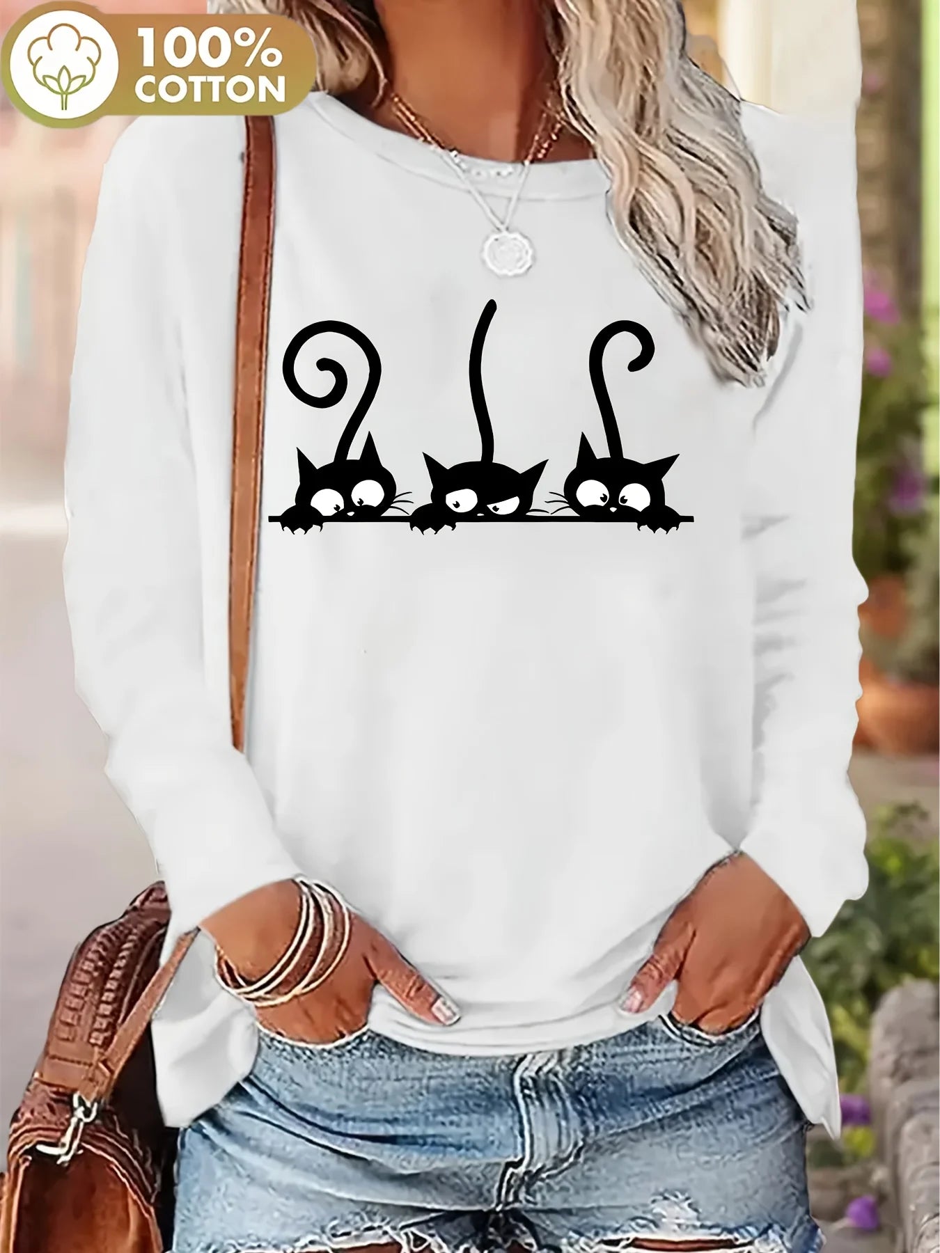 Women's Spring and Autumn 100% Cotton Fashion Casual Loose Leopard Pattern Heart Pattern Printed Round Neck Long Sleeve T-shirt