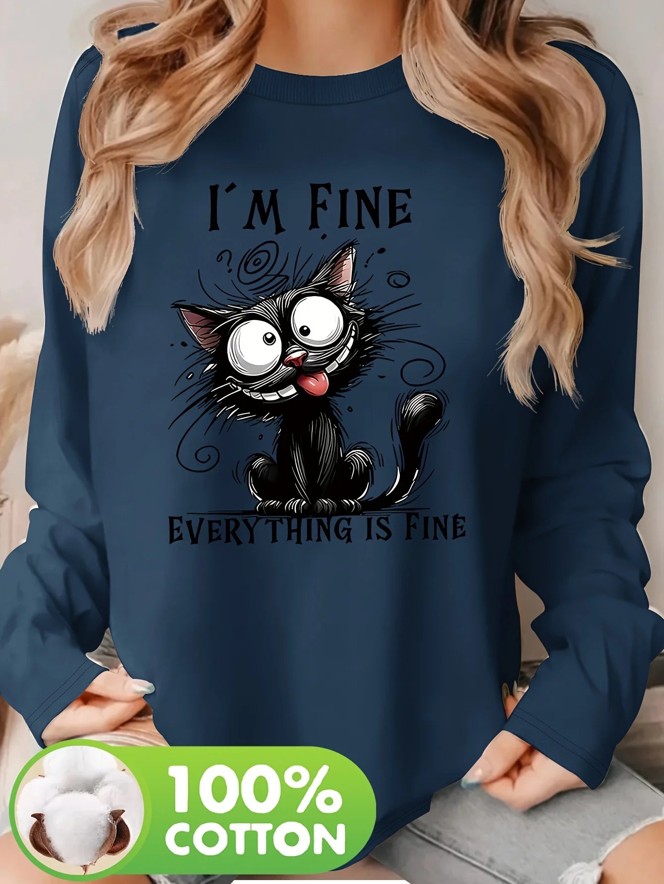 100% pure cotton women's spring and autumn comfortable casual long sleeved Paris graphic printed round neck T-shirt