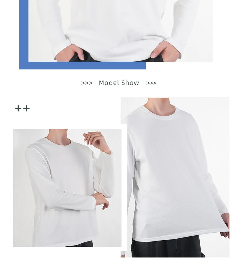 1PC Mens White Black T Shirts Casual Long Sleeve Top Cotton Moisture Wicking O-Neck Tees Tanks Classic Loose Tshirts for Men