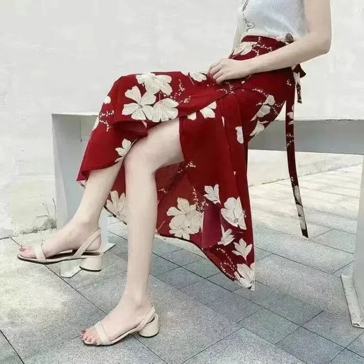 2026 Summer Beach Floral Skirt for Women Cotton High Waist Wrap Maxi Skirt Long with Side Slit & Tie Detail Boho Style Design