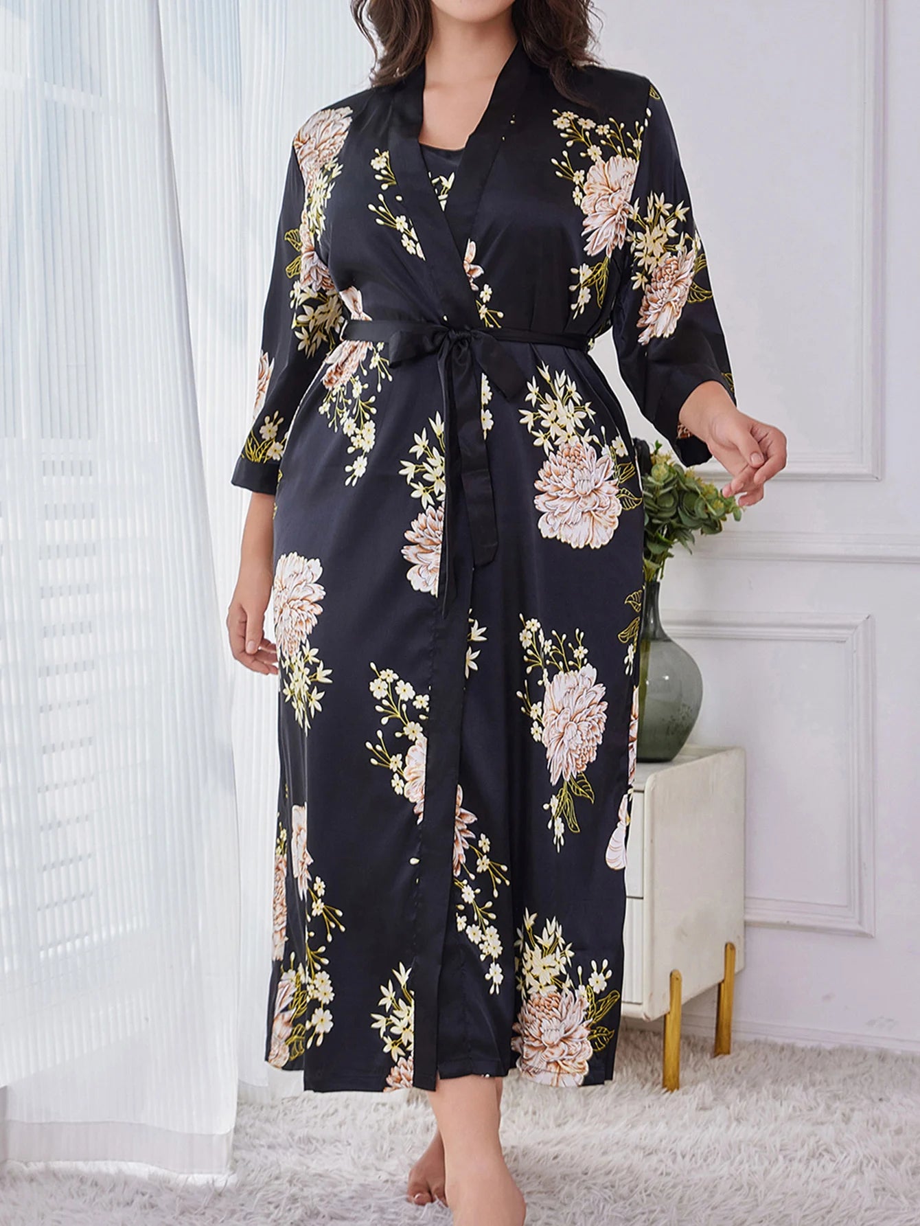 Women's Plus Size Belted Silk Robe Lightweight Random Floral Print Loose Long Sleepwear Fall Winter Loungewear for Curvy Home