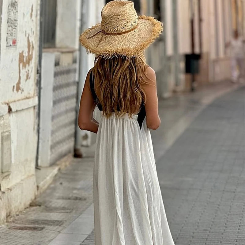 Women's Summer New Fashion Pure Color Hanging Neck Strapless Cotton Linen Dress Sleeveless Simple Design Maxi Dress