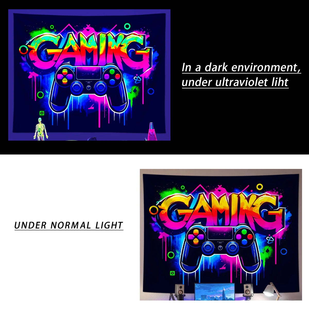 1pc Game controller fluorescent tapestry, UV reactive tapestry, e-sports room, e-sports club background decoration wall hanging