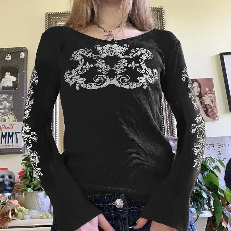 2000s Y2K Cyber Grunge Vintage T-shirt Graphic Print O Neck Long Sleeve Tee Women Slim Fit Crop Tops EGirl Skater Emo Streetwear