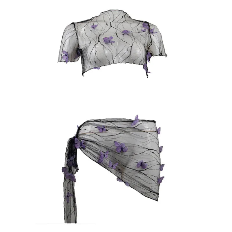 WPNAKS Women Bikini Cover-up Set Mesh Sheer Three-dimensional Butterfly Short Sleeve Crop Tops Tie-up Sarong Wrap Skirt