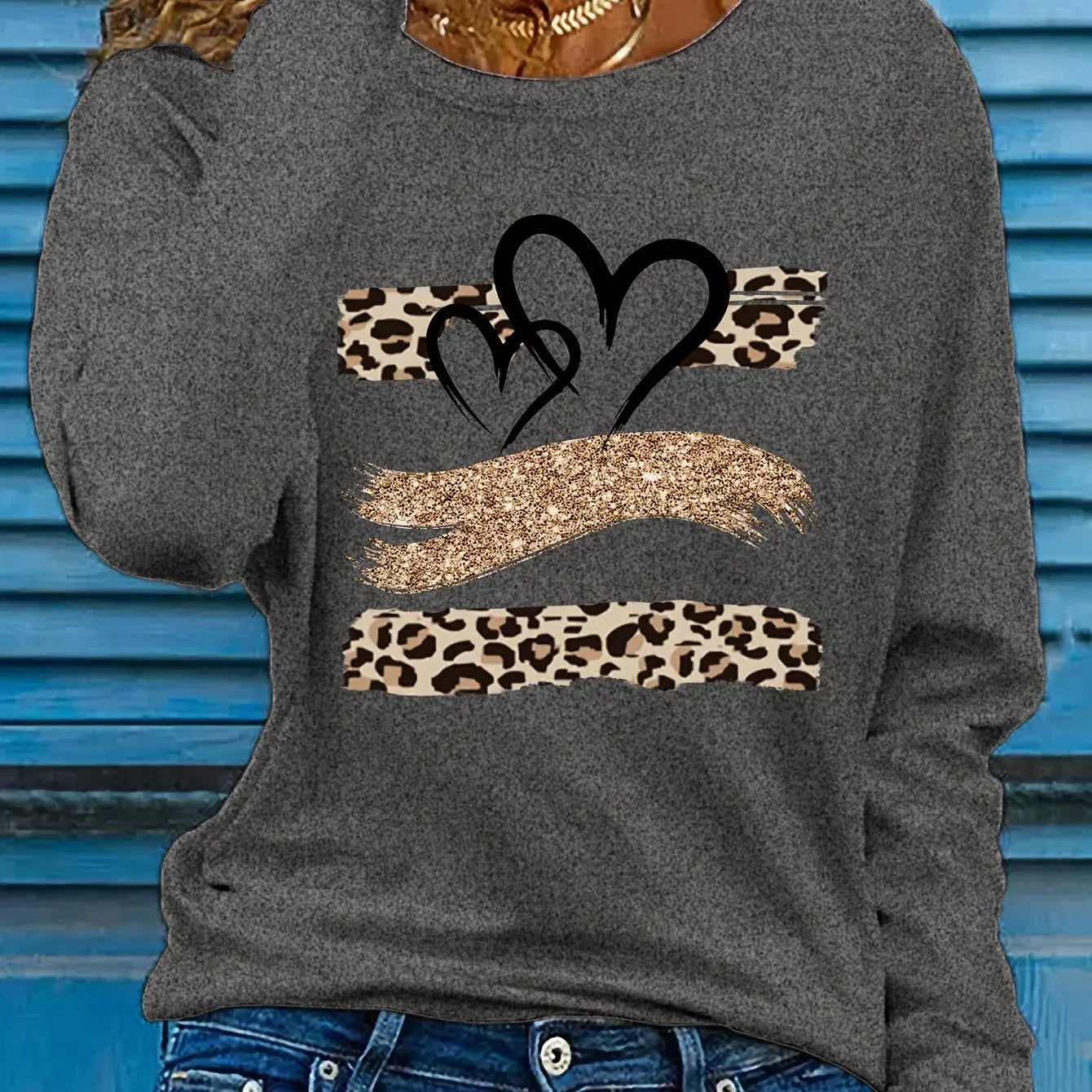 Women's Spring and Autumn 100% Cotton Fashion Casual Loose Leopard Pattern Heart Pattern Printed Round Neck Long Sleeve T-shirt